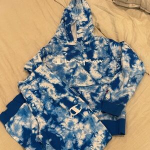 Boys Champion Blue and White Tie-Dye Hoodie and Joggers medium